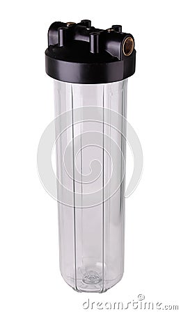 Filter flask transparent, plastic for water purification. Isolated white background. To improve water quality from Stock Photo
