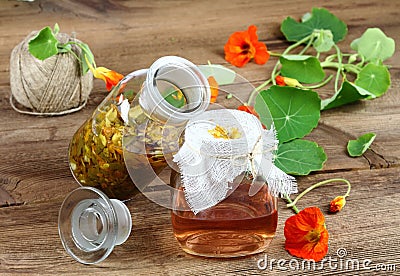 Filtering tincture from Tropaeolum majus, also called garden nasturtium or Indian cress Stock Photo