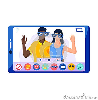 Filters for selfie screen interface photo frame in social media app with happy couple in glasses Vector Illustration