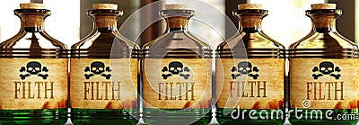 Filth can be like a deadly poison - pictured as word Filth on toxic bottles to symbolize that Filth can be unhealthy for body and Cartoon Illustration