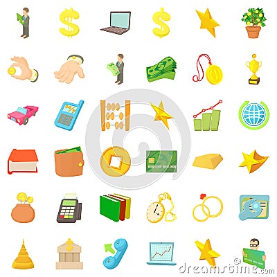 Filthy lucre icons set, cartoon style Vector Illustration