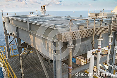 Fin tube type of lube oil cooler system to cooling lubrication system of gas turbine engine at oil and gas platform Stock Photo