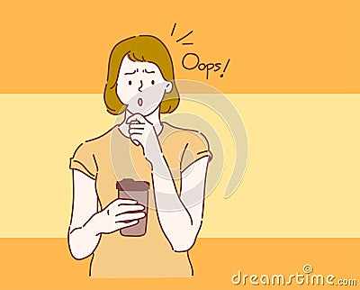 Oops! Close up portrait of young, excited, she made her face stunned. Hand drawn in thin line style Vector Illustration