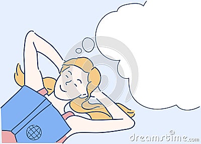 Young cheerful women dreaming about travel around world, lying on floor. Hand drawn in thin line style Vector Illustration