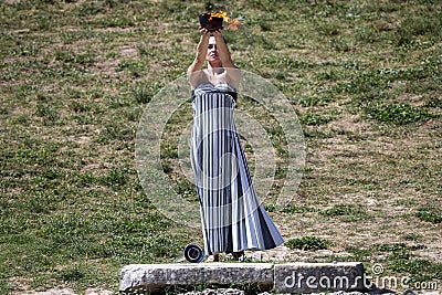 Final dress rehearsal of the Olympic flame lighting ceremony for the Paris 2024 Summer Olympic Games in Ancient Olympia, Greece Editorial Stock Photo