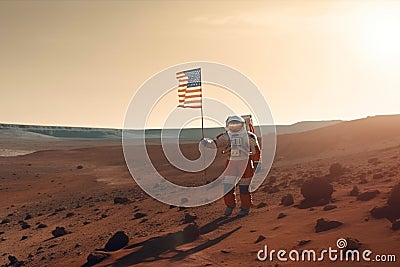 The Final Frontier: An Astronaut Plants the American Flag on Martian Soil. Generative AI. Stock Photo