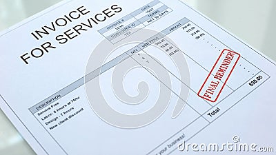 Final reminder seal stamped on invoice for serviced commercial document, bill Stock Photo