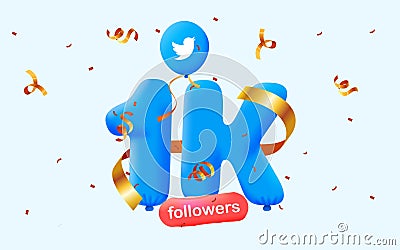 1K followers thank you Twitter 3d blue balloons and colorful confetti. Vector illustration 3d numbers for social media. Vector Illustration
