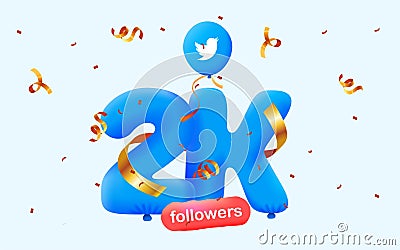 2k followers thank you Twitter 3d blue balloons and colorful confetti. Vector Illustration