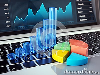 Finance, Accounting, Online Banking and Mobile office concept - Financial charts on laptop keyboard Cartoon Illustration