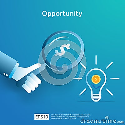 finance analytic and opportunity research concept with light bulb dollar and magnifying glass on hand. investor looking for Vector Illustration