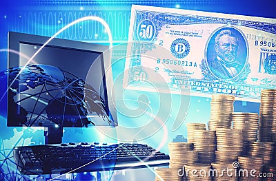 Finance background with money, dollars and computer. Stock Photo