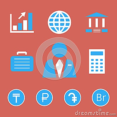 Finance and bank icons with currency symbols. Vector Illustration