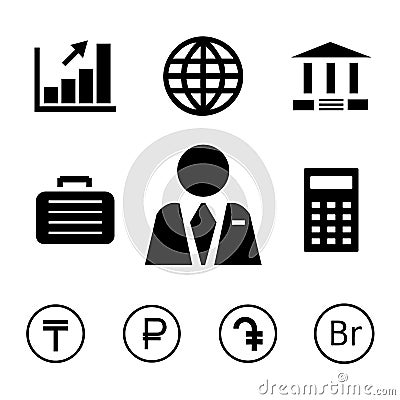 Finance and bank icons with currency symbols. Vector Illustration