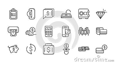 Finance bank money icons set thick line Vector Illustration