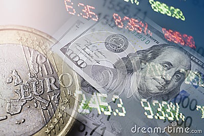 Finance, banking concept. Euro coins, us dollar banknote close-up. Abstract image of Financial system with selective Stock Photo