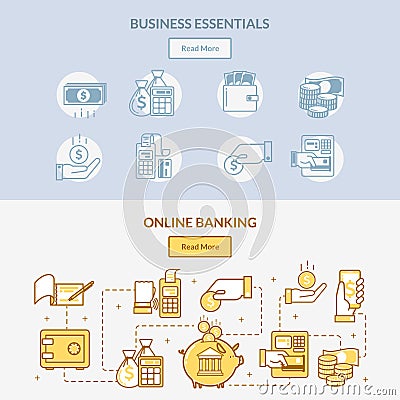 Finance banking icons horizontal banners. the network of cash handling, connections and actions with money Vector Illustration