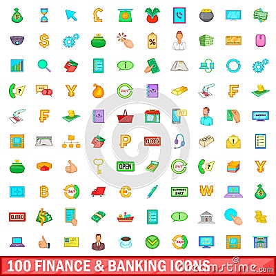 100 finance and banking icons set, cartoon style Vector Illustration