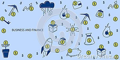 Finance banner. Business line symbols. Dollar sign, outline coins, exchange and groth wallet, investment and banking, horizontal Vector Illustration