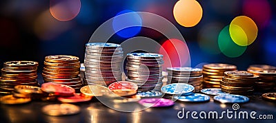 Finance bokeh with coins, banknotes, and symbols in vibrant colors, evoking wealth and prosperity Stock Photo