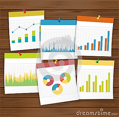 Finance business graph with pushpin on wooden board. Vector Illustration