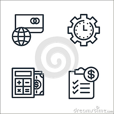 finance and business line icons. linear set. quality vector line set such as checklist, money management, time management Vector Illustration
