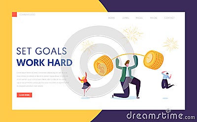 Finance Capital Increase Character Landing Page. Businessman Lift Up Barbell with Money Coin Investment Goal Achievement Vector Illustration