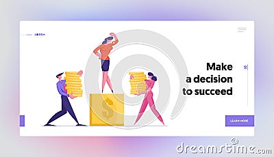 Finance and Career Success Website Landing Page. Businesspeople Carry Piles of Money to Pedestal with Business Woman Vector Illustration