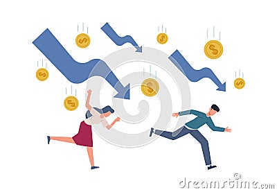 Finance crisis concept. Running depressed people falling arrows and coins, global economic money problem, bankruptcy Vector Illustration