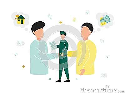 Finance. Customs broker and brokerage services. Men shake hands, near them a house with a key and money, a man in uniform with a Cartoon Illustration