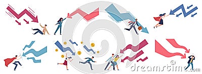 Finance decrease and crisis graph. Falling down business chart panic people try stopping falling arrow, business Vector Illustration