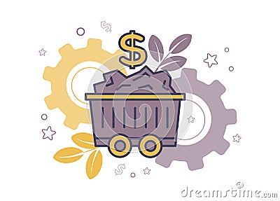 Finance. Financial services. Resource financing. Illustration of a mine trolley with natural resources, above which a Vector Illustration