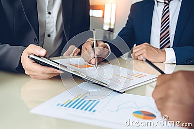 Finance focus: collaborative analysis of business graphs Stock Photo