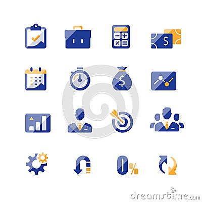 Finance icon set, business loan, company revenue report, analytics infographic, market growth, annual payment, corporate expense Vector Illustration