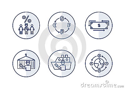 Finance icons. Financial services icons set. Icons customs broker, currency exchange. A silhouette of a man in the form Vector Illustration