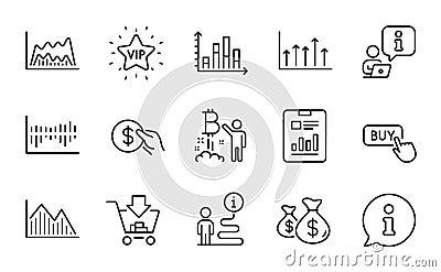 Finance icons set. Included icon as Buy button, Bitcoin project, Diagram graph. Vector Vector Illustration