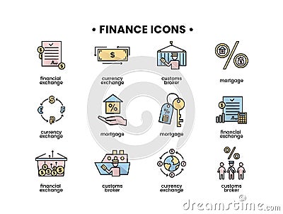 Finance icons set. Vector illustration of customs broker, mortgage, financial exchange, currency exchange icons Cartoon Illustration