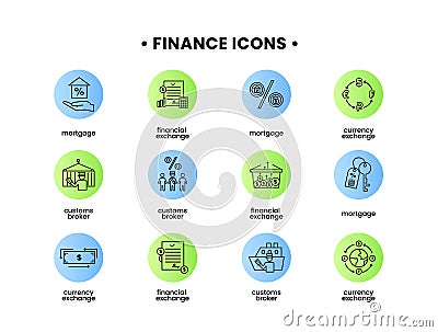Finance icons set. Vector illustration of customs broker, mortgage, financial exchange, currency exchange icons Cartoon Illustration