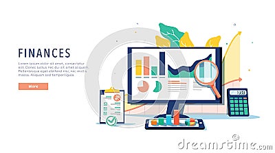 Finance and innovative mobile technology concept. Isometric vector of financial apps and services on laptop and modern Vector Illustration