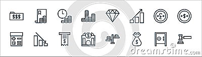 Finance line icons. linear set. quality vector line set such as law, money bag, bank, calculator, pound, time is money, diamond, Vector Illustration