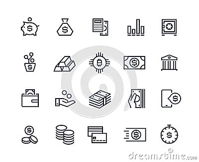 Finance line icons. Money business account, currency management finance audition money calculating. Business investment Vector Illustration