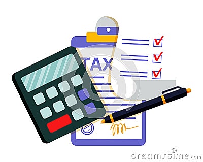 Finance Managment Desk Workspace Top View Calculator, Pen And Papers Material Design Stock Photo