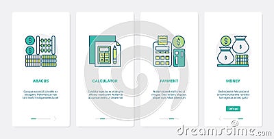 Finance methods of counting money payment UX, UI onboarding mobile app page screen set Cartoon Illustration