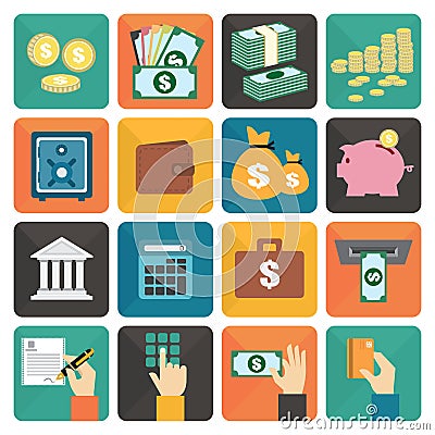 Finance and money flat design icon set Vector Illustration