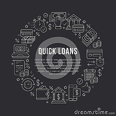 Finance, money loan circle template flat line icons. Quick credit approval, currency transaction, no commission cash Vector Illustration