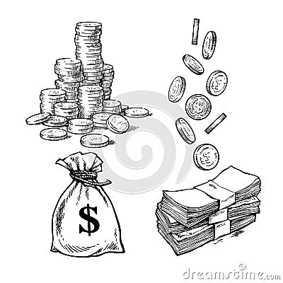Finance, money set. Sketch of stack of coins, paper money, sack of dollars falling coins in different positions. Black Vector Illustration
