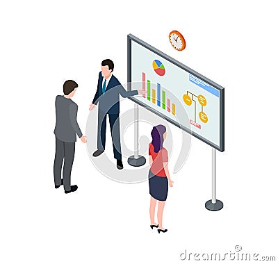 Finance presentation. Business information, isometric businessman and info banner. Investor looking startup, 3d woman Vector Illustration