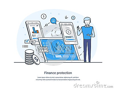 Finance protection, guarantee payments, cash deposits and money transfers security Vector Illustration