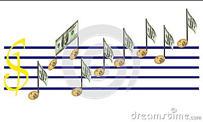 Finance raising by dollar music notes diagram. Isolated. Stock Photo