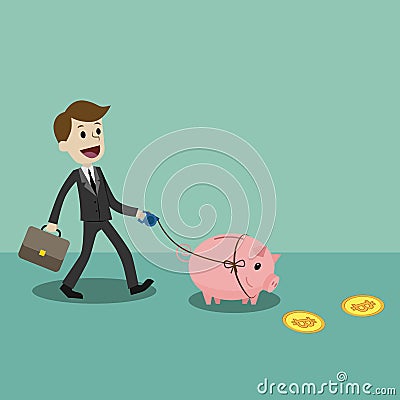 Crypto-currency market. Finance and relationships concept. Businessman is walkin with a pig bank and looking for Vector Illustration